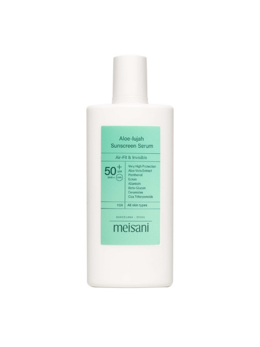 Meisani Aloe-lujah Sunscreen Serum against a whitebackground. Available at Sinless Skincare.