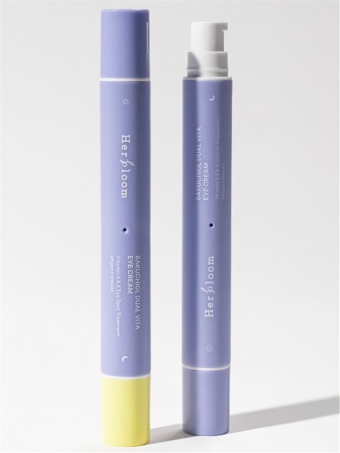 Two purple tubes of Herbloom Bakuchiol Dual Vita Eye Cream on a white background