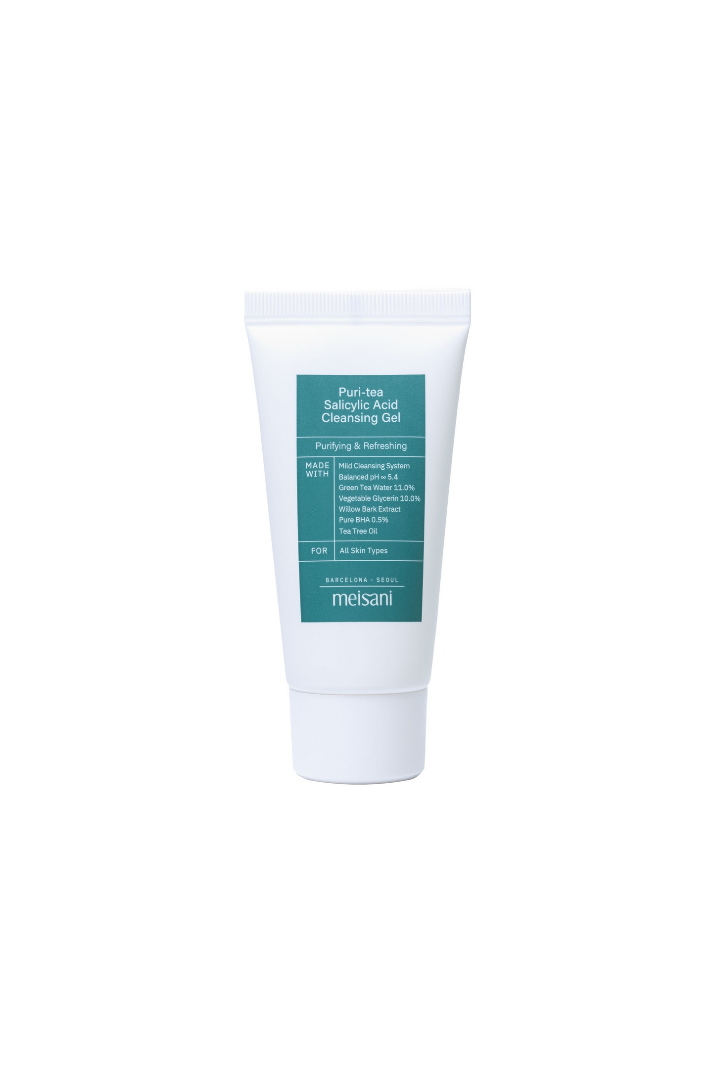 Mini tube of Meisani's Puri-Tea Salicylic Acid Cleansing Gel against a white background.