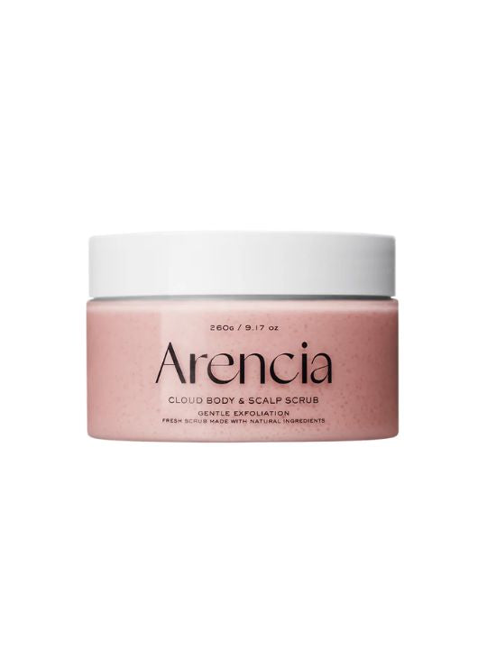 Closed jar of Arencia Cloud Body & Scalp Scrub Lavender & Pear on a white background