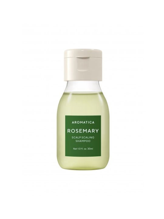 30ml mini bottle of Aromatica Rosemary Scalp Scaling Shampoo on a white background