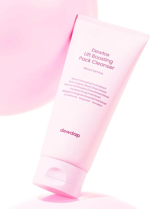 Dewdap's Dewtox Lift Boosting Pack Cleanser on a white and light pink background