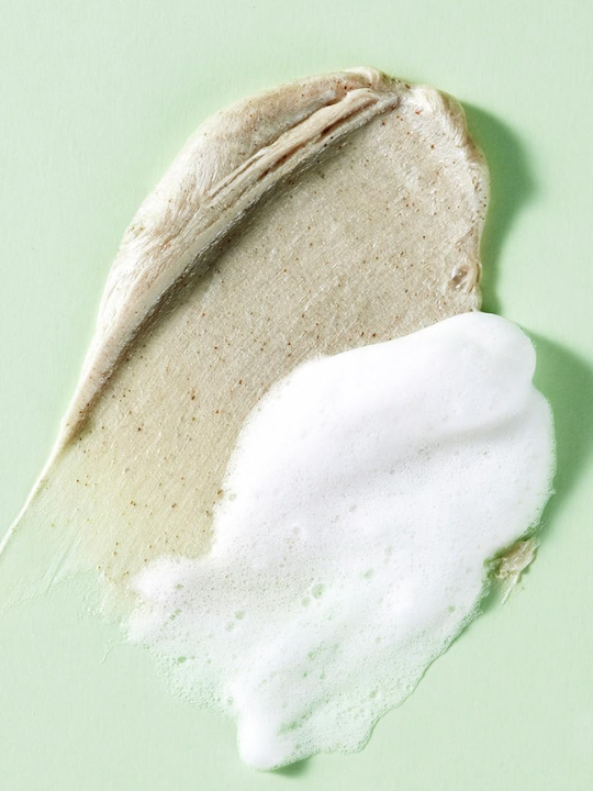 Dewdap Cicatea Pore & Sebum Pack Cleanser two textures, cream and foam, against a light green background.