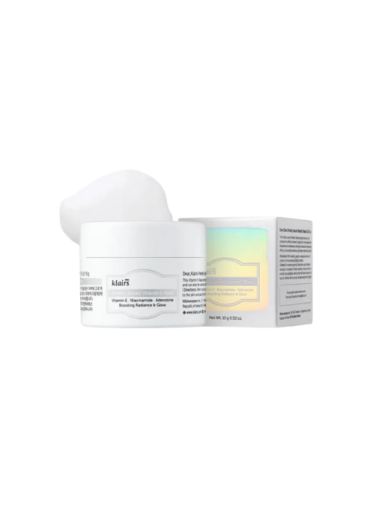 Klairs Freshly Juiced Vitamin E Mask mini jar with box and texture swatch on a white background