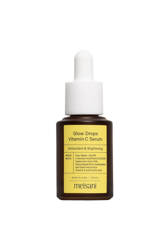 Meisani's Glow Drops Vitamin C Serum bottle against a white background. Available for purchase at Sinless Skincare.