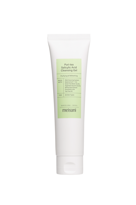 Tube of Meisani's Puri-Tea Salicylic Acid Cleansing Gel 150ml against a white background.