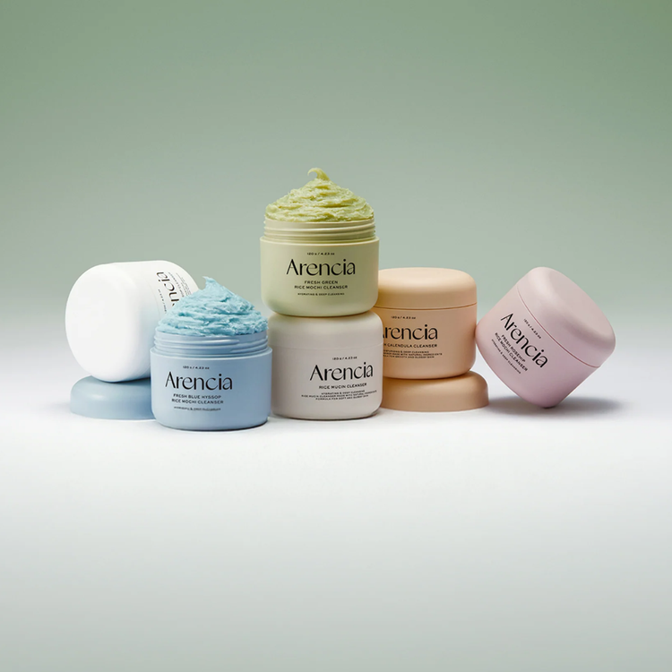 Arencia rice mochi cleansers on light green background