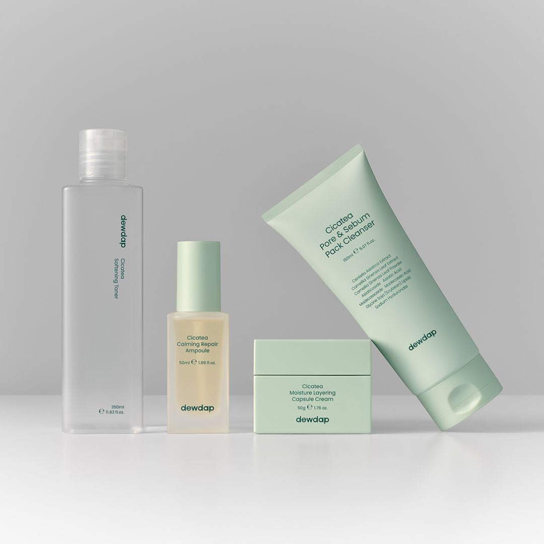 Set of Dewdap Cicatea product line on a light grey background