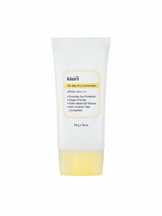 Klairs All Day Airy Sunscreen tube on a white background