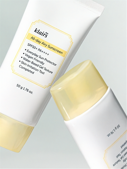 Two tubes of klairs All-day Airy Sunscreen on a light gray background