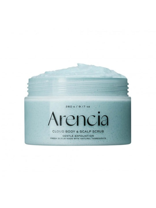 A light blue jar of Arencia Cloud Body & Scalp Scrub French Mint & Lily with a matching blue scrub visible at the top, set against a plain white background.