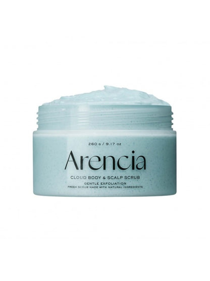 A light blue jar of Arencia Cloud Body & Scalp Scrub French Mint & Lily with a matching blue scrub visible at the top, set against a plain white background.