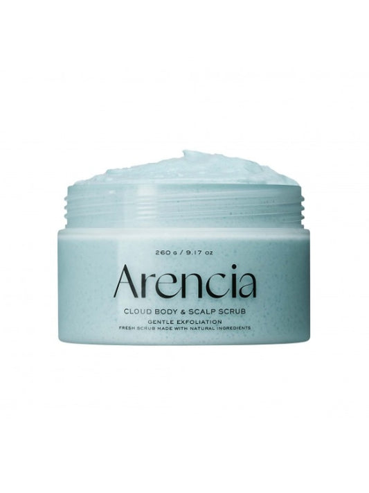 A light blue jar of Arencia Cloud Body & Scalp Scrub French Mint & Lily with a matching blue scrub visible at the top, set against a plain white background.