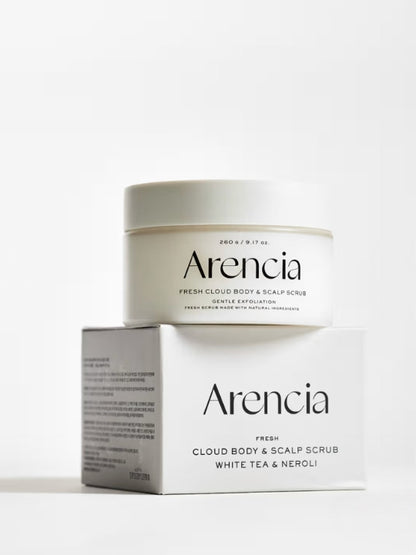 A jar of Arencia Cloud Body & Scalp Scrub (White Tea & Neroli) stacked on top of its white retail box against a clean white background.