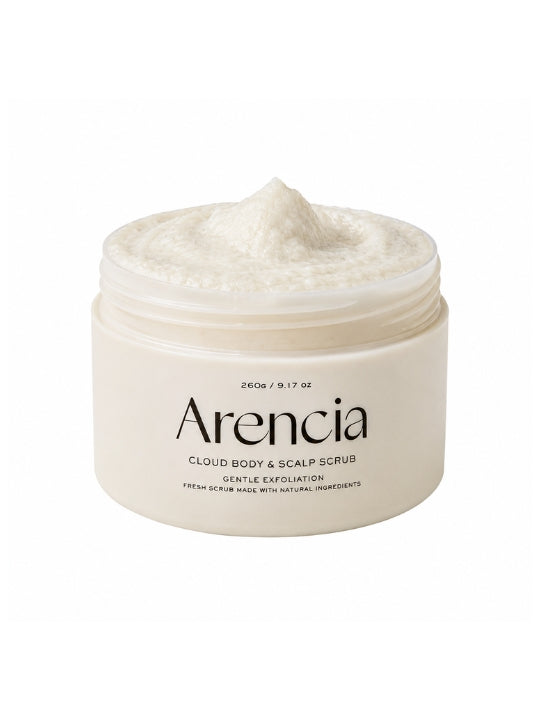 An open jar of Arencia Cloud Body & Scalp Scrub, (White Tea & Neroli) on a solid white background.