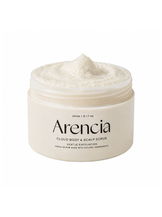 An open jar of Arencia Cloud Body & Scalp Scrub, (White Tea & Neroli) on a solid white background.