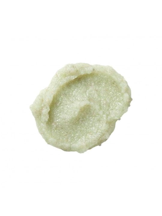 A dollop of green Arencia Cloud Body & Scalp Scrub on a plain white background.