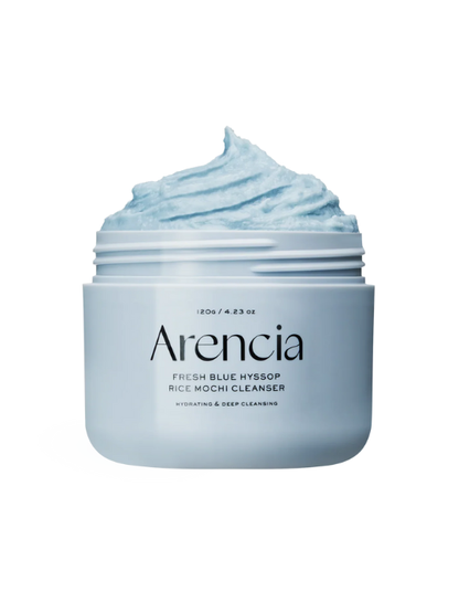 Jar of Arencia Fresh Blue Hyssop Rice Mochi Cleanser with blue cream on a white background. Available at Sinless Skincare Switzerland.