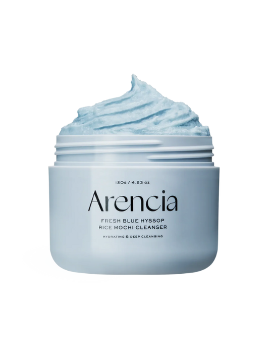 Jar of Arencia Fresh Blue Hyssop Rice Mochi Cleanser with blue cream on a white background. Available at Sinless Skincare Switzerland.