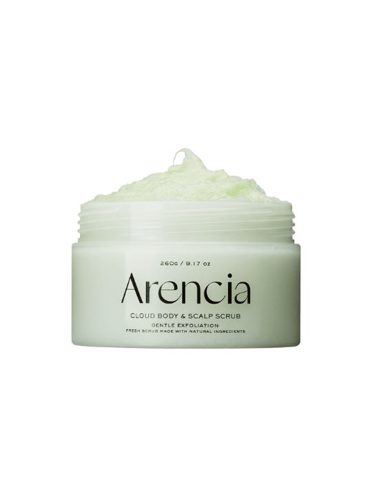Open jar of Arencia Cloud Body & Scalp Scrub Geranium against a white background. Available at Sinless Skincare Switzerland.