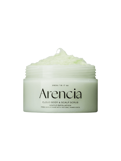 Open jar of Arencia Cloud Body & Scalp Scrub Geranium against a white background. Available at Sinless Skincare Switzerland.