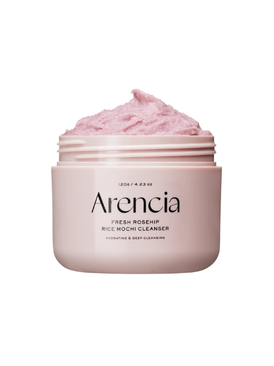Pink jar of Arencia Fresh Rosehip Rice Mochi Cleanser on a white background