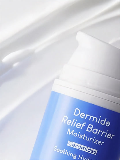 Close up of label from Purito Dermide Relief Barrier Moisturizer on a white creamy texture background