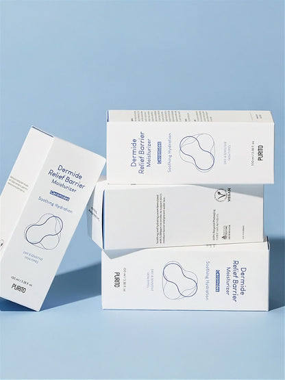 Four retail boxes of Purito Dermide Relief Barrier Moisturizer on a light blue background