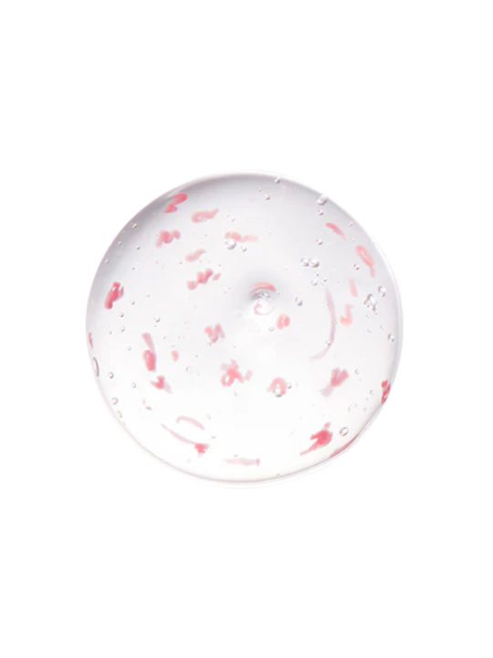 Clear sphere with pink and red speckles on a white background. Dewdap Detox Ex Thread Shot Tightening Ampoule.
