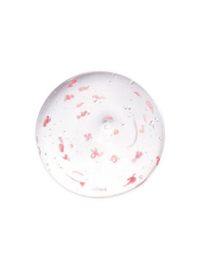 Clear sphere with pink and red speckles on a white background. Dewdap Detox Ex Thread Shot Tightening Ampoule.