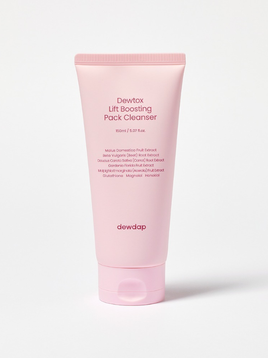 Pink tube of Dewdap Dewtox Lift Boosting Pack Cleanser on a white background. Available at Sinless Skincare Switzerland.