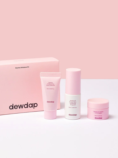 3 products from Dewdap's Dewtox Miniature Kit standing outside their box, in front of a light pink wall and on white surface.