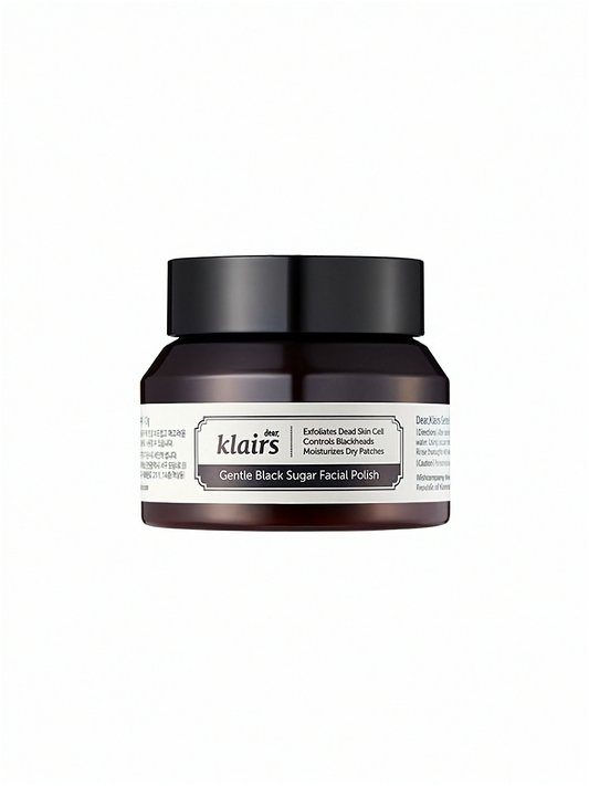 Klairs Gentle Black Sugar Facial Polish jar on a white background