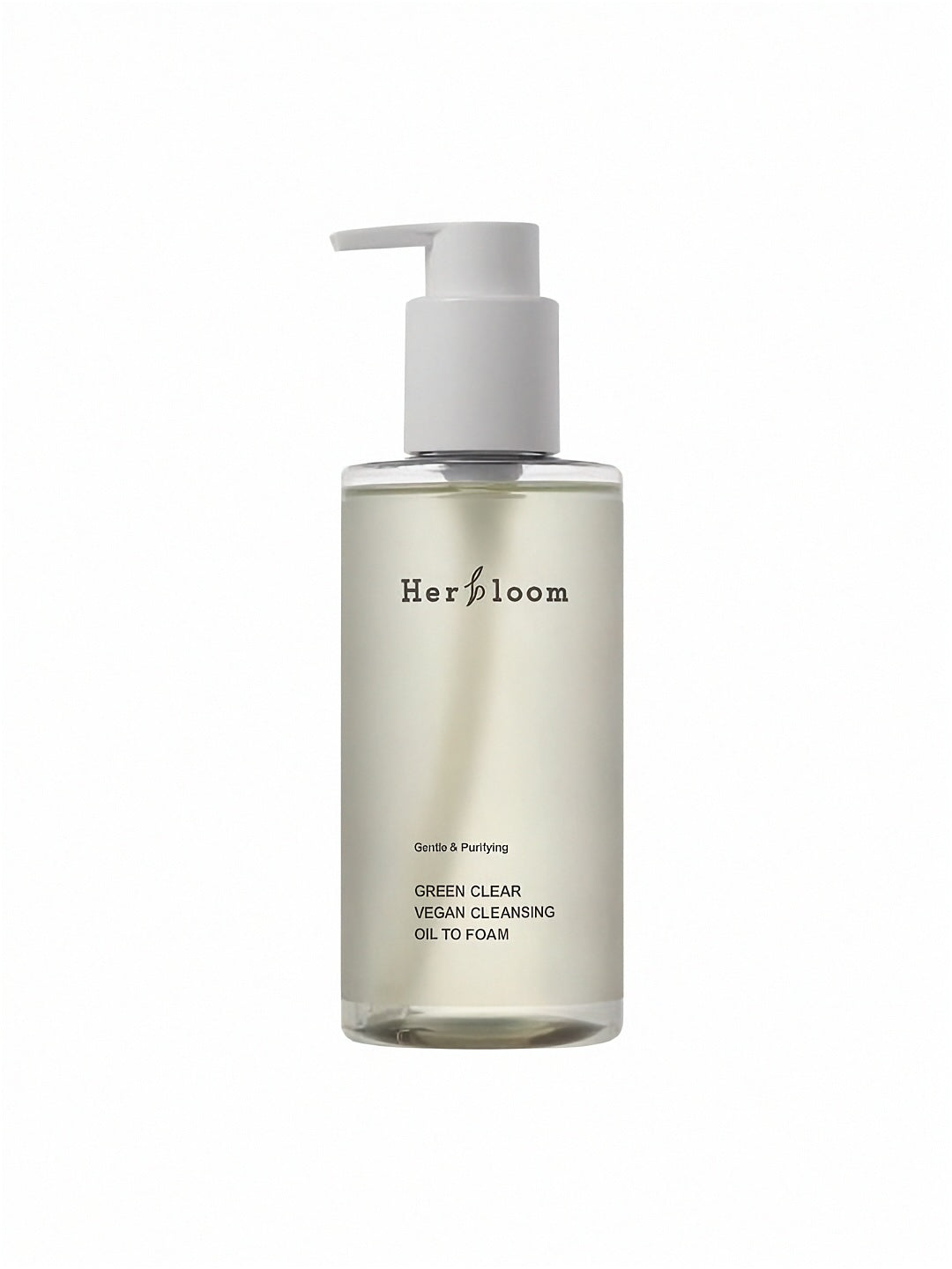 Bottle of Herbloom's Green Clear Vegan Cleansing Oil To Foam on a white background.