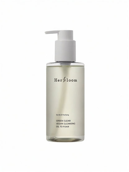 Bottle of Herbloom's Green Clear Vegan Cleansing Oil To Foam on a white background.