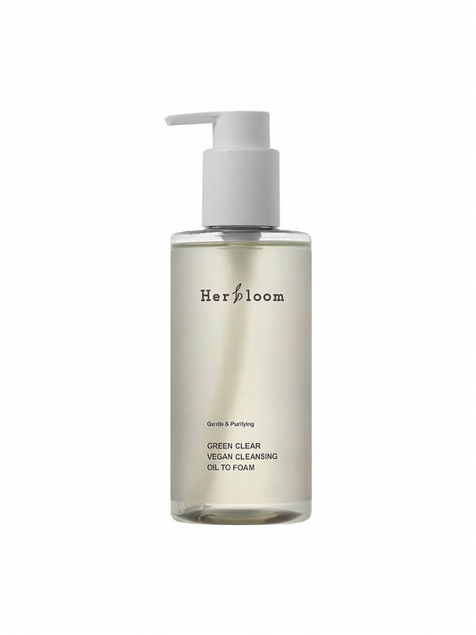 Bottle of Herbloom's Green Clear Vegan Cleansing Oil To Foam on a white background.