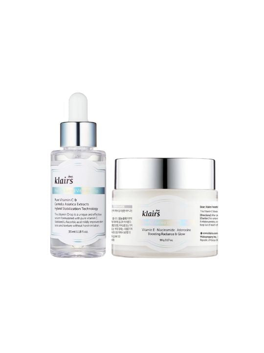 Klairs Freshly Juiced Vitamin Drop and Vitamin E Mask skincare set on a white background