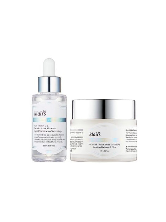 Klairs Freshly Juiced Vitamin Drop and Vitamin E Mask skincare set on a white background