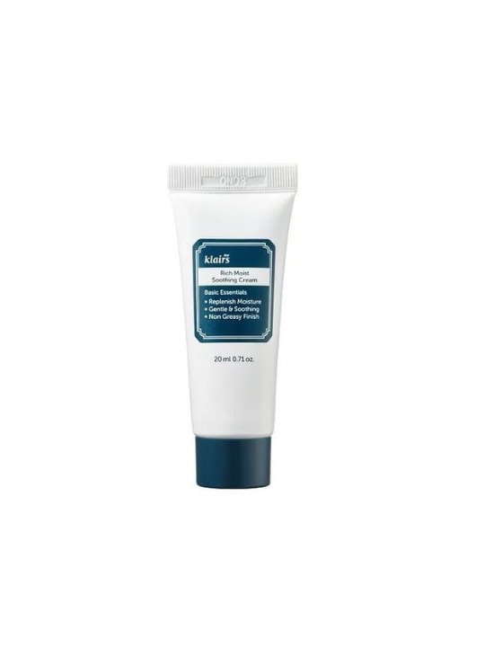 Mini tube of Klairs Rich Moist Soothing Cream on a white background