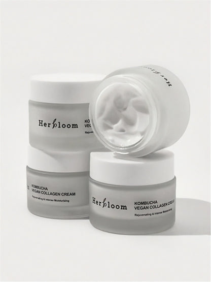 Four jars of Herbloom Kombucha Vegan Collagen Cream on a white background