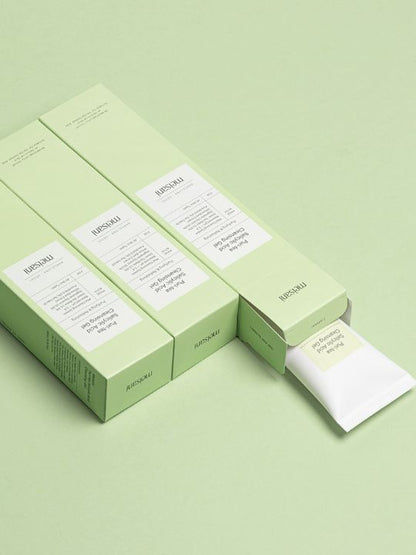 Meisani Puri-Tea Salicylic Acid Cleansing Gel product packaging detail on green background