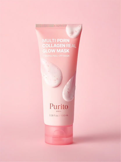 Purito Multi Porn Collagen Real Glow Mask  with foam on tube against a pink background