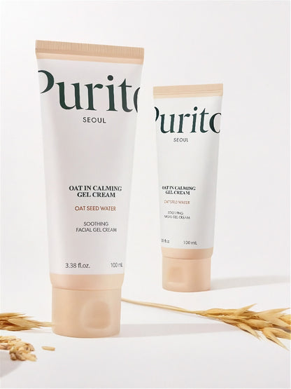 Two tubes of Purito Seoul Oat In Calming Gel Cream on a white background with grains 