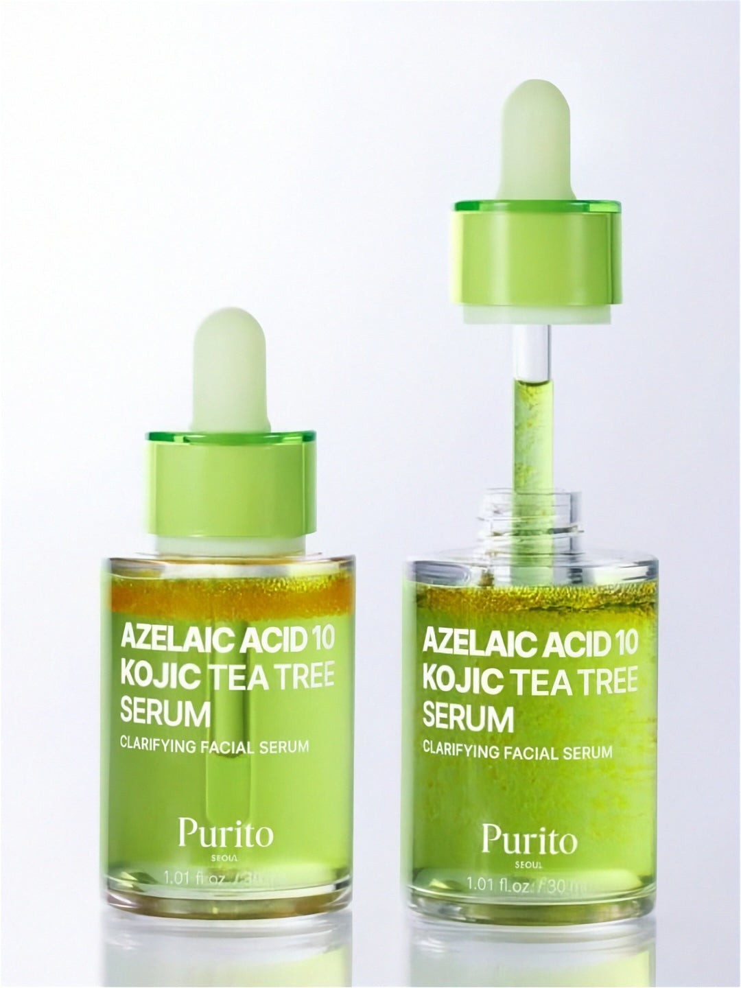 Two bottles of Purito Seoul Azelaic Acid 10 Kojic Tea Tree Serum against a white background
