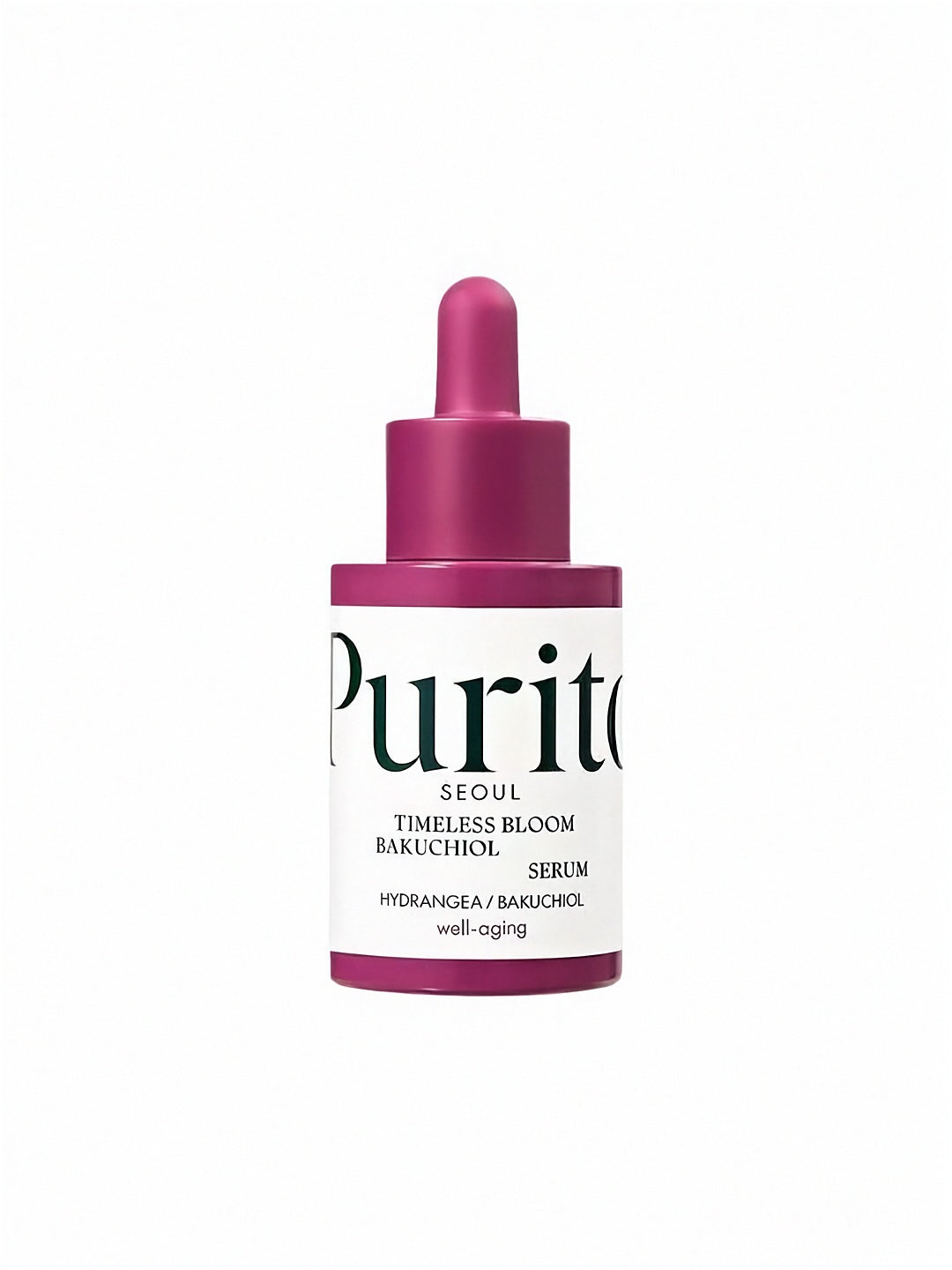 Bottle of Purito Timeless Bloom Backuchiol Serum on a white background