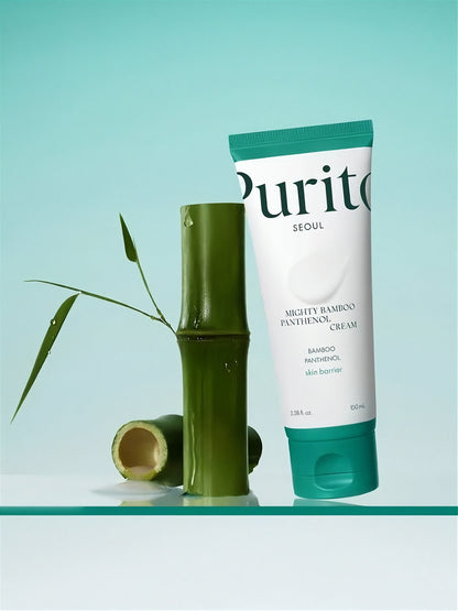 Purito Mighty Bamboo Panthenol Cream with bamboo plant on a light turquoise background