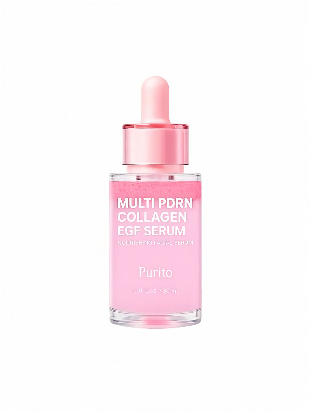 Pink Purito Multi PDRN Collagen EGF Serum bottle on a white background