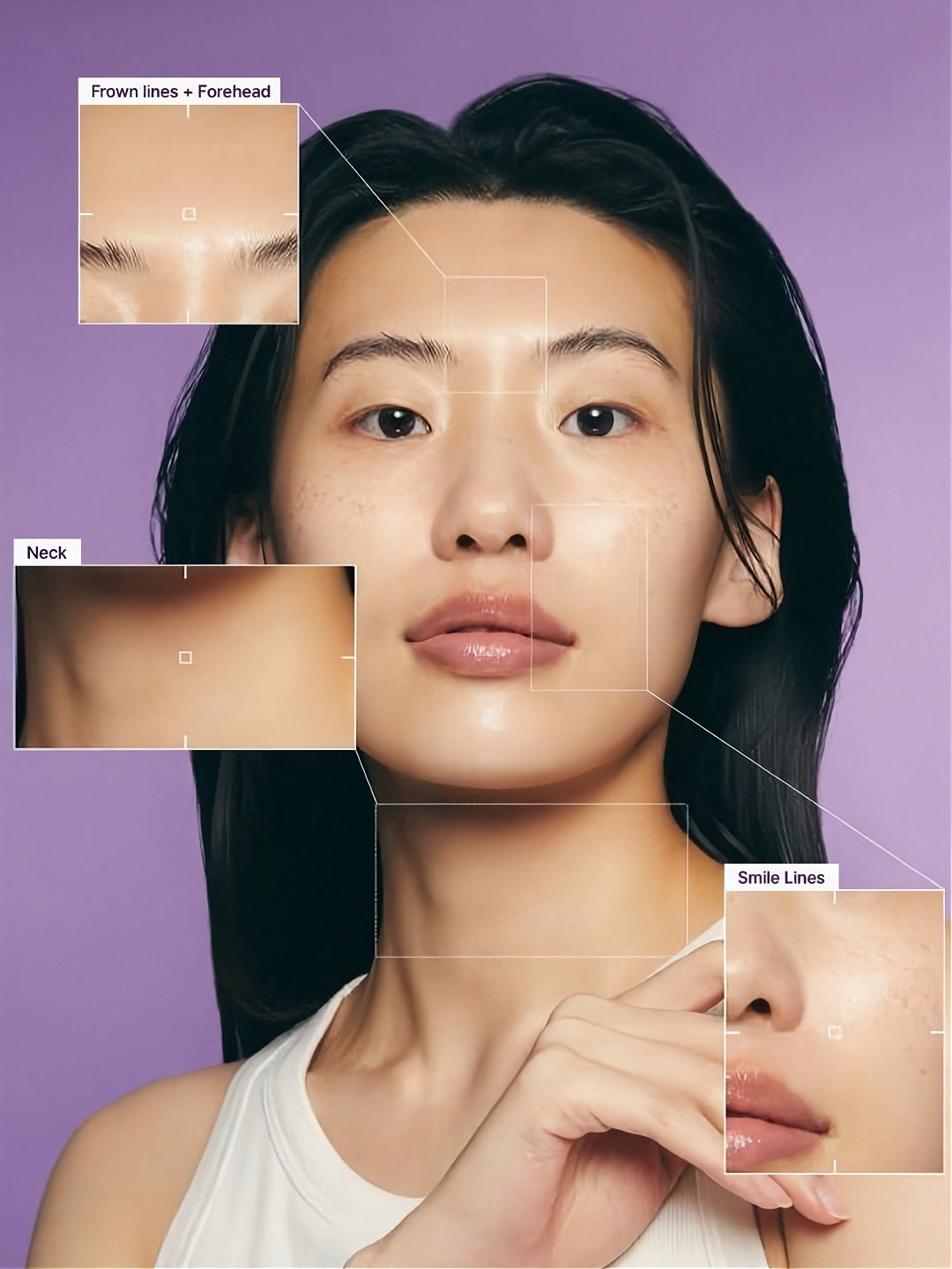 Woman with facial wrinkles highlighted on a purple background