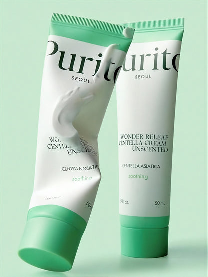 Two tubes of Purito Wonder Releaf Centella Unscented Cream, one tube is bent, against a light green background