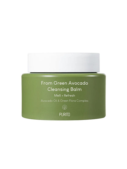 A jar of PURITO From Green Avocado Cleansing Balm with an olive green body and a white lid, centered on a plain white background.